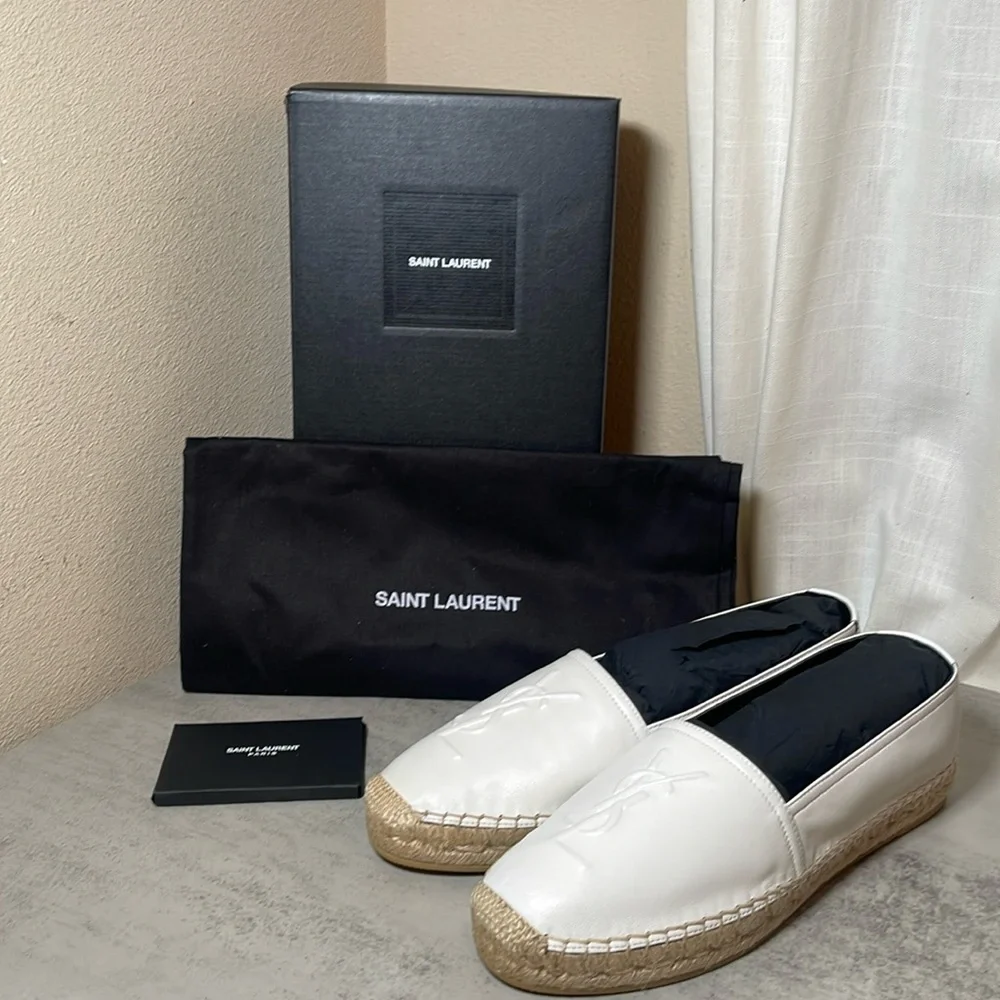 YSL Yves Saint Laurent White Leather Espadrilles Slip Ons Size 39 - Picture 1 of 12